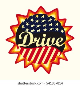 T-shirt graphics, typography. Colorful emblem. Drive, USA, fire. Flag with stars. Vector.