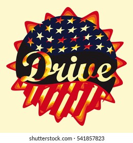 T-shirt graphics, typography. Colorful emblem. Drive, USA flag, fire. Vector.