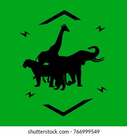 T-shirt graphics, typography. Elephant, giraffe, tiger. Silhouettes.
  Vector.
