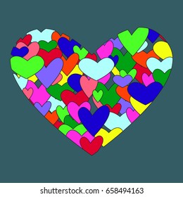 T-shirt graphics, typography. Multicolored hearts.