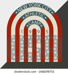 T-shirt graphics, typography. New York City. Athletic camp. The Flag of USA. Vector.