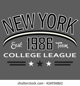 T-shirt graphics, typography. New York east team. College league.
