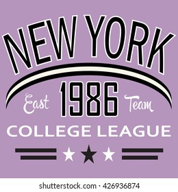 T-shirt graphics, typography. New York college league.