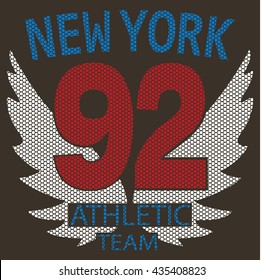 T-shirt graphics, typography. New York athletic team. 92. Wings. Vector. 