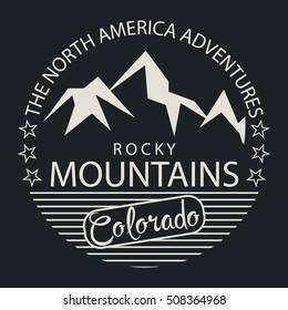 T-shirt graphics, typography. Rocky mountains, Colorado. Grunge. Vector.