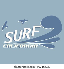 T-shirt graphics, typography. Surf, California. Vector.