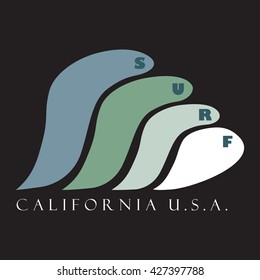 T-shirt graphics, typography. Surf. Surfing California USA.
