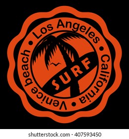 T-shirt graphics, typography. Surf, Venice, Los Angeles, California. Vector illustration.