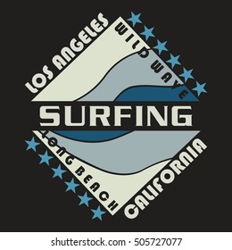 T-shirt graphics, typography. Surfing, Los Angeles, CA. Vector.