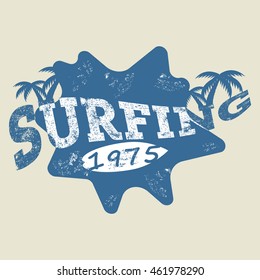 T-shirt graphics, typography. Surfing and palms, board. Blue on white. Vector.