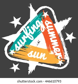 T-shirt graphics, typography. Surfing, summer, sun, stars. Vector.