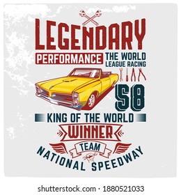 T-shirt graphics. Vector vintage sport racing car, T-shirt Vintage typography, old school race poster. retro race car set. T-shirt printing designs.