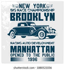 T-shirt graphics. Vector vintage sport racing car, T-shirt Vintage typography, old school race poster. retro race car set. T-shirt printing designs.