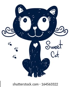 T-shirt graphics/cute cat illustration/vector cat/cat poster/cat graphics for textiles/princess cat design/adorable cute cat/tabby cat/canvas print/Tattoo design/cat poster/blue cat drawing
