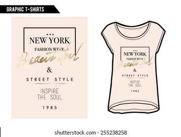 T-shirt graphic,slogan tee with gold foil and on t-shirt.