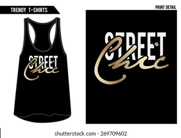 T-shirt graphic,slogan tee with gold foil and on vest top.