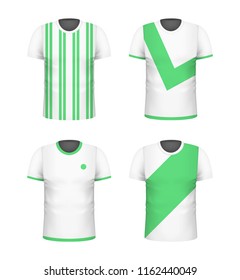 T-shirt with green print template set. White color. Sport football clothing. Casual men wear. Cotton unisex outfit. Fashionable apparel. Realistic vector illustration.