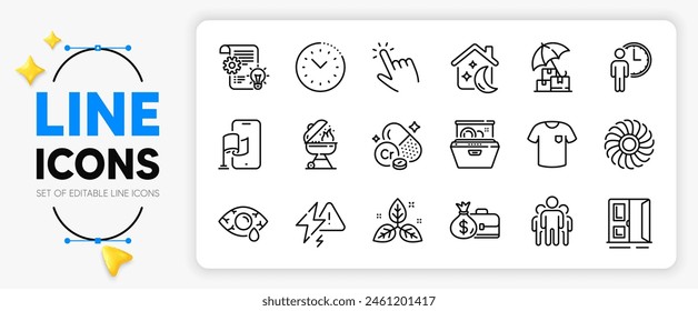 T-shirt, Group and Chromium mineral line icons set for app include Open door, Dishwasher, Fair trade outline thin icon. Cogwheel, Salary, Sleep pictogram icon. Location app, Fan engine. Vector