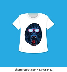 T-shirt with growling detailed gorilla in cartoon style. Print and template design for t-shirt, poster, bag. Vector