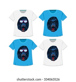 T-shirt with growling detailed gorilla in cartoon style. Print and template design for t-shirt, poster, bag. Vector