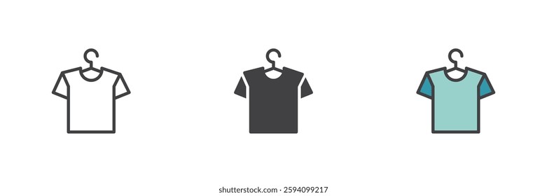 t-shirt hanging on a hanger different style icon set. Line, glyph and filled outline colorful version, outline and filled vector sign. Symbol, logo illustration. Vector graphics