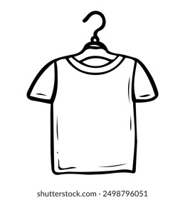 Una camiseta colgando de la percha dibujado a mano doodle. Almacenar la ropa en un armario. Suéter de manga corta. Cuarto de lavandería. Limpiando la casa. Ilustración de arte de línea de contorno de Vector.