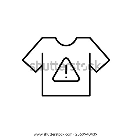 Tshirt and hazard alert with exclamation mark. Clothing safety warnings. Flammability or harmful dyes. Pixel perfect vector icon