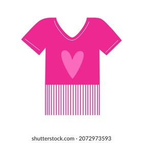 Tshirt with heart. Clothes for girls, bright pink things. Icon, badge, button, sticker. Modern fashion, style, trend. Wedding or marriage decoration, valentines day. Cartoon flat vector illustration