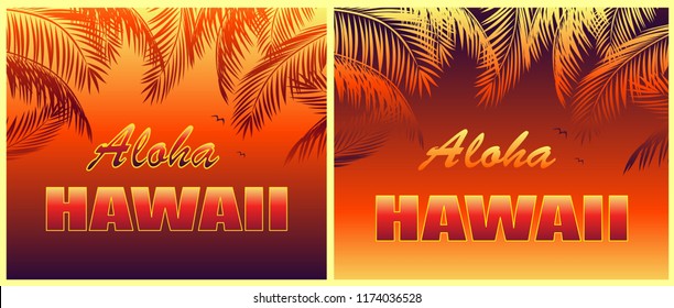 T-shirt hot tropical prints variation with Aloha Hawaii lettering, seagull and orange palm leaves silhouettes on night background