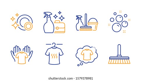 T-shirt, Household service and Hold t-shirt line icons set. Cleanser spray, Clean bubbles and Clean dishes signs. Cleaning mop symbol. Laundry shirt, Cleaning equipment. Cleaning set. Vector