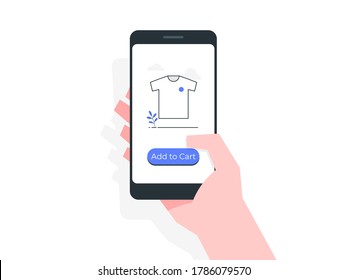 T-shirt icon and add to cart button on mobile screen with hand holding mobile phone. Online shopping concept illustration.