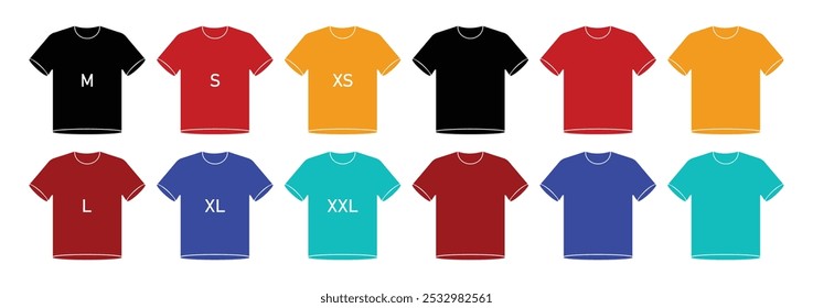 T-shirt icon collection. Set of colorful t-shirt icons. T-shirt size vector icon set in different color isolated. Clothing size label or tag. From xs to xxl. Isolated vector illustration.