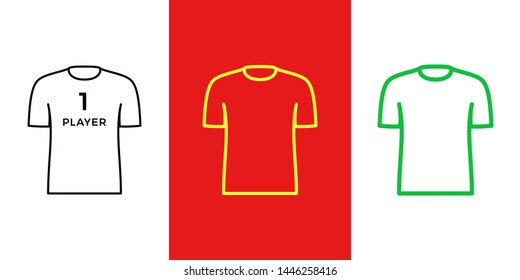 T-shirt icon, different stroke thickness, Player or Gamer. Set, isolated Sport shirt in outline style. Graphic sign, element and symbol. Vector silhouette illustration