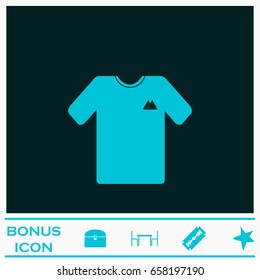 T-shirt icon flat. Blue pictogram on dark background. Vector illustration symbol and bonus icons