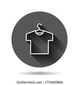 Tshirt icon in flat style. Casual clothes vector illustration on black round background with long shadow effect. Polo wear circle button business concept.