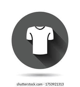 Tshirt icon in flat style. Casual clothes vector illustration on black round background with long shadow effect. Polo wear circle button business concept.