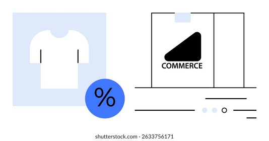 T-shirt icon representing merchandise, percentage symbol indicating discount, and storefront mockup with the word Commerce. Ideal for e-commerce, online retail, sale announcements, marketing
