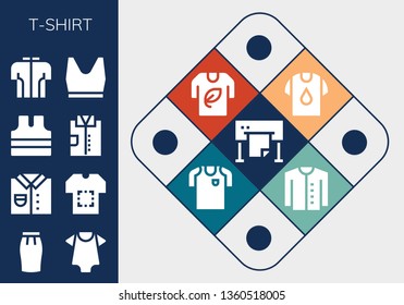 t-shirt icon set. 13 filled t-shirt icons.  Collection Of - Plotter, Skirt, Baby clothes, Shirt, Sleeveless shirt, Tshirt, Tank top, Football jersey, Cardigan