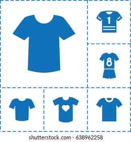 Tshirt icon. set of 6 tshirt filled icons such as t-shirt, t-shirt with heart, football uniform