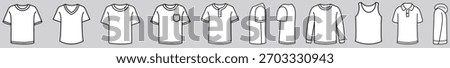 T-shirt icon set showing various apparel outlines including v-neck, crew neck, pocket tee, polo, tank top, hoodie, and long-sleeve styles.
