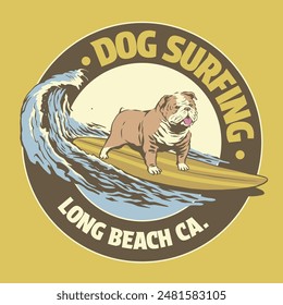 T-Shirt Illustration of Bulldog Surf the Wave.