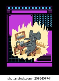 T-shirt illustration, cute elephant in office at work, on modern geometric background, cyberpunk colors, print on t-shirts, apparel, merchandise.