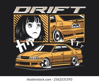 t-shirt illustration design with 90s car drift and girl vector graphic