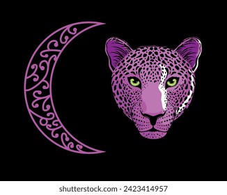T-shirt illustration of a leopard head and a crescent with violet colors on a black background.