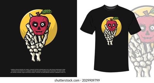 Tshirt Illustration of a skeleton hold an apple with face