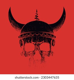 T-shirt illustration of a viking skull on a red background. Design to illustrate demonic themes