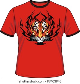 T-shirt with the image of a head of a tiger in tongues of flame