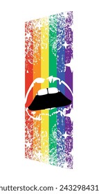 T-shirt image of a rainbow next to sensual lips on a white background. Gay pride.