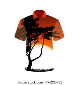 T-shirt with the image of tree and sunset. Vector Illustration. EPS10