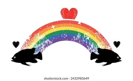 T-shirt image of two fish united by a rainbow and a red heart on a white background. Gay pride.